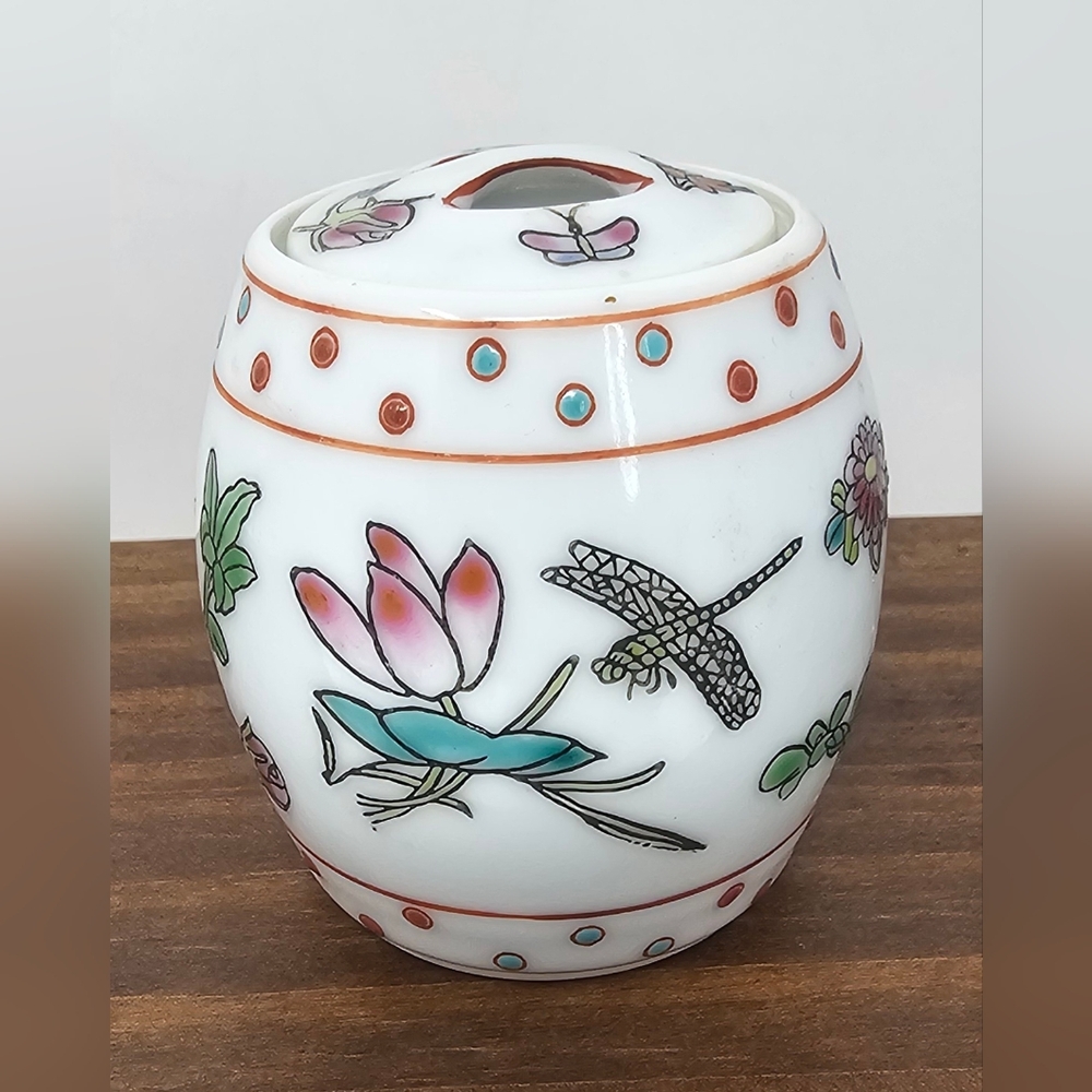 Vintage Hand Painted Chinese Famille Rose Barrel Miniature Porcelain Spice Jar